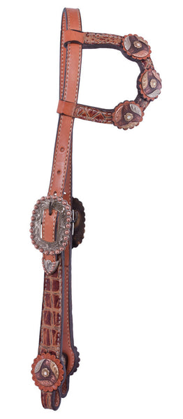 One-Ear Brown Gator Headstall with Tri-Swirl Conchos by Alamo Saddlery