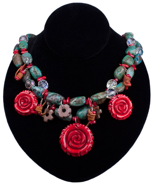 Turquoise & Roses Necklace by Relative Jewelry