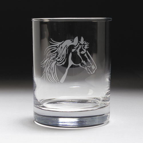 Etched Horse Head Old Fashioned Glass Set by GT Reid